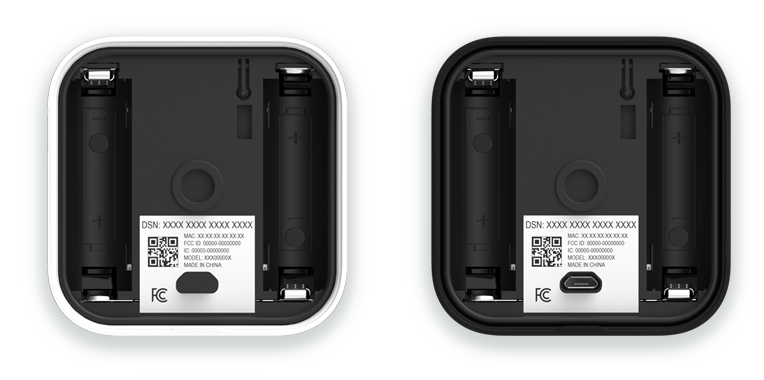 image d'une baie de batterie d'une caméra intérieure gen2 et d'une caméra extérieure et de l'étiquette du numéro de série/code QR