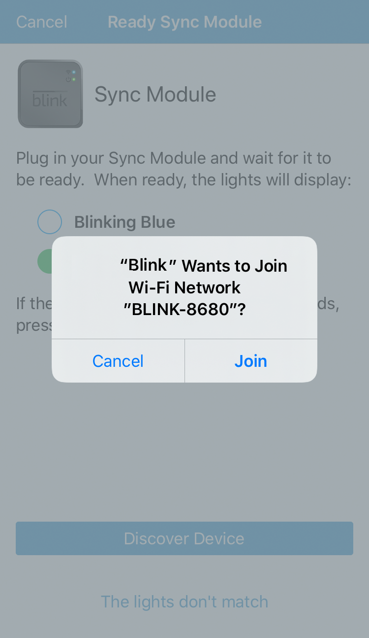 Accedi alla finestra di dialogo dell'app di rete Blink