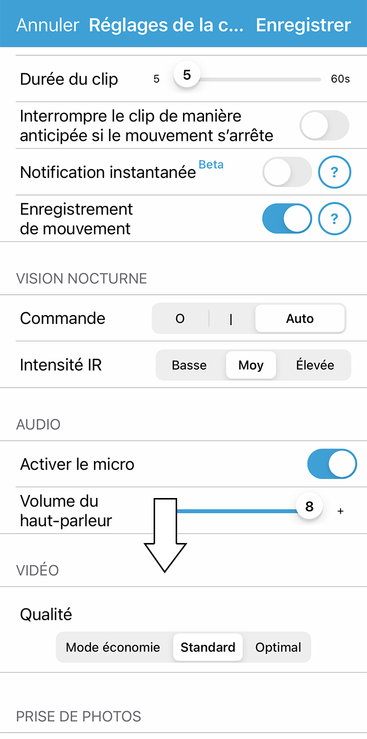 Réglages de camera